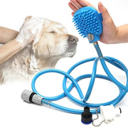 Dog shower device with a device for adding shampoo and a built-in hand comb