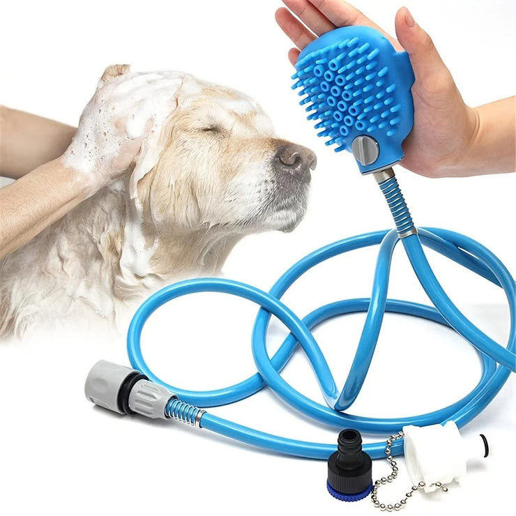 Dog shower device with a device for adding shampoo and a built-in hand comb