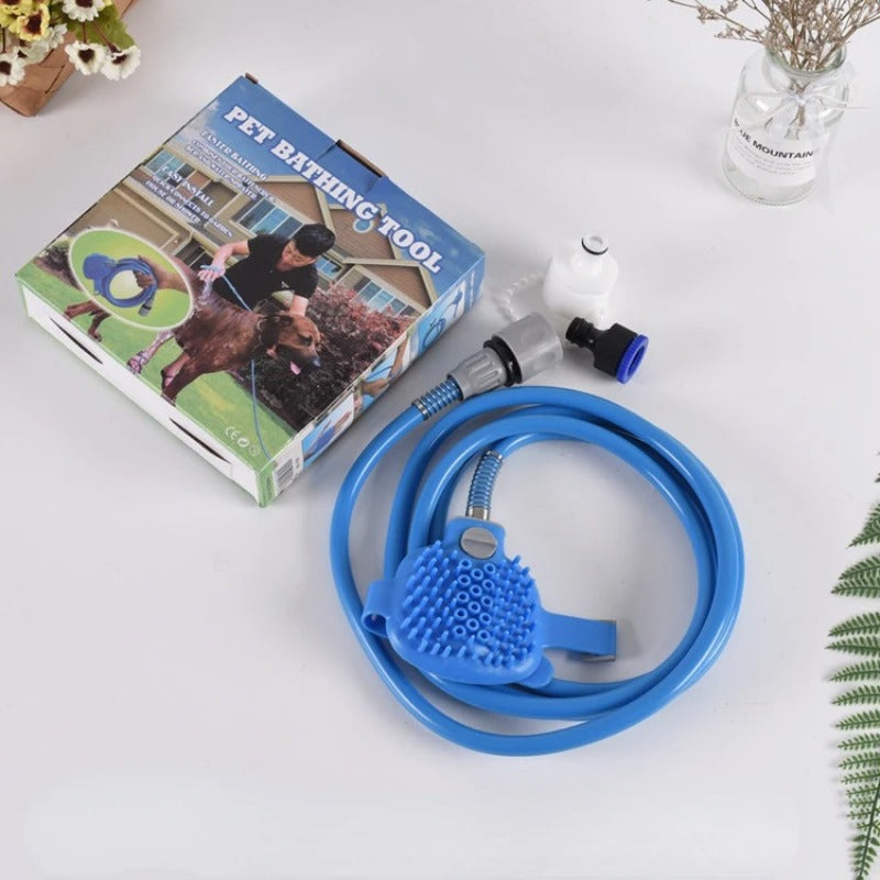 Dog shower device with a device for adding shampoo and a built-in hand comb