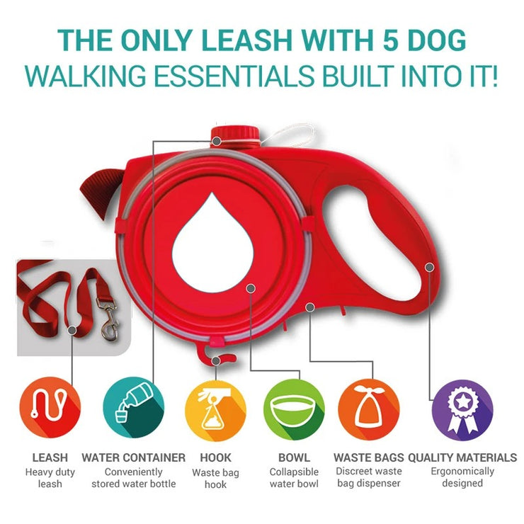 Multifunctional Dog Leash with Built-in Water Bottle, Bowl, Waste Bag